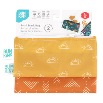 Bumkins Reusable Snack Bag, Small 2-Pack: Sunshine and Grounded is shown on a white packaging header.