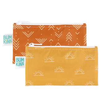 Bumkins Reusable Snack Bag, Small 2-Pack: Sunshine and Grounded features two waterproof pouches—one in orange, the other in yellow.