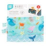 Bumkins Reusable Snack Bag, Small 2-Pack: Ocean Life & Whale Tail is shown on a white packaging header.