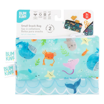 Bumkins Reusable Snack Bag, Small 2-Pack: Ocean Life & Whale Tail is shown on a white packaging header.