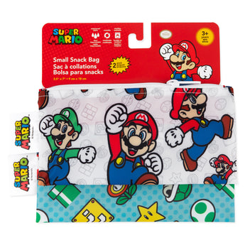 Two Bumkins Reusable Snack Bags, small size, in vibrant Super Mario™ designs with waterproof fabric and Mario poses. Perfect for reuse!.