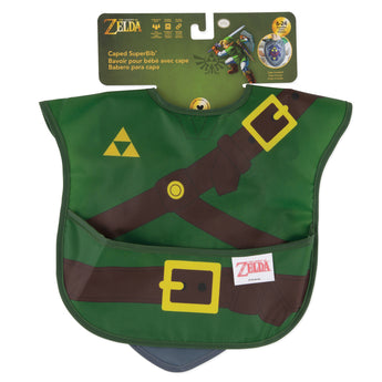 The Bumkins Caped SuperBib®: The Legend of Zelda™ Link is green, waterproof, with a belt design & triforce symbol, for ages 6-24 months.