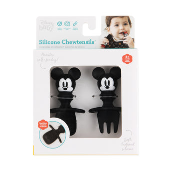Box of Bumkins Silicone Chewtensils® featuring Mickey Mouse, ideal for baby-led weaning. Includes spoon and fork for ages 6+ months.