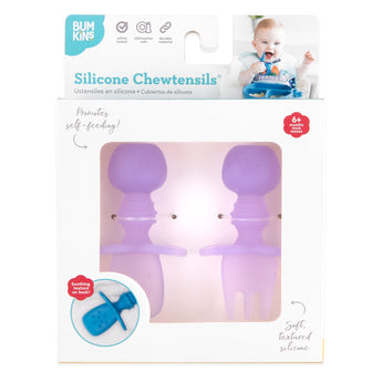 Bumkins Silicone Chewtensils®: Purple Jelly are shown in a white packaging box, with a clear front window displaying the product.