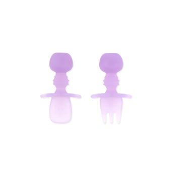 Bumkins Silicone Chewtensils®: Purple Jelly includes a spoon and fork made of food safe silicone, ideal for baby-led weaning.