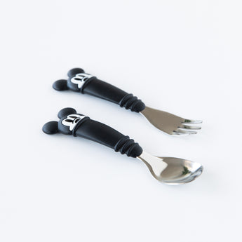 Utensils from Bumkins Grip Dish Essential 3-Piece Mealtime Set: Disney Mickey Mouse rest on a white background.