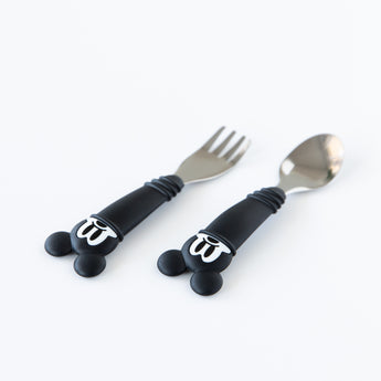 Utensils from the Bumkins Essential Mealtime Set, Mickey Mouse are displayed on a white background.
