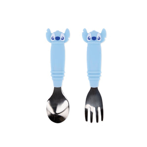 Bumkins Spoon + Fork: Stitch includes 2 utensils with blue Stitch-shaped silicone handles and stainless steel heads.