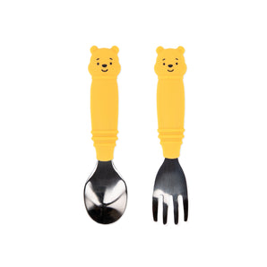 Bumkins Spoon + Fork: Winnie the Pooh includes two utensils with yellow bear-shaped silicone handles and stainless steel heads.