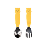 Bumkins Spoon + Fork: Winnie the Pooh includes two utensils with yellow bear-shaped silicone handles and stainless steel heads.