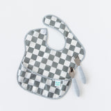 Bumkins checkered bib with Spoon + Fork: Gray, perfect for your little ones self-feeding journey.
