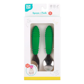 Bumkins Spoon + Fork: Jade with green silicone handles is perfect for self-feeding 18+ months, featuring rounded edges and stainless steel.