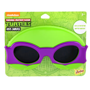 Lil' Characters Sunglasses, Ninja Turtle Purple Bandana: green & purple Ninja Turtle sunglasses on green Ninja Turtle themed packaging card.