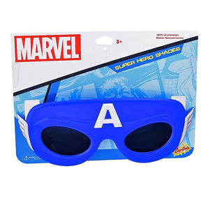 Lil' Characters Sunglasses, Marvel Captain America: blue & white Captain America mask style sunglasses on Marvel themed packaging card.