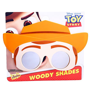 Lil' Characters Sunglasses, Woody: Woody face shaped sunglasses with orange cowboy hat on Toy Story themed packaging card.