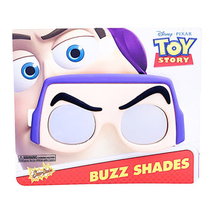 Lil' Characters Sunglasses, Buzz Sun-Staches: light peach & purple Buzz Lightyear face shaped sunglasses on Toy Story themed packaging card.