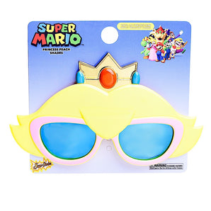 Lil' Characters Sunglasses, Princess Peach: pink sunglasses with yellow Princess Peach hair & gold crown on Super Mario themed packaging card.