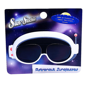 Lil' Characters Sunglasses, Astronaut: astronaut helmet white sunglasses on a space themed packaging card with Sun-Staches logo.