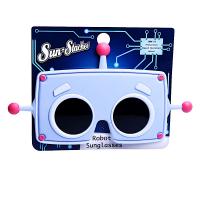 Lil' Characters Sunglasses, Robot: gray & red robot shaped sunglasses on a blue packaging card with Sun-Staches logo.