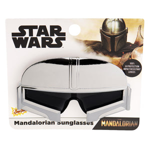 Lil' Characters Sunglasses, Star Wars The Mandalorian: silver & black Mandalorian helmet style sunglasses on Star Wars themed packaging card.