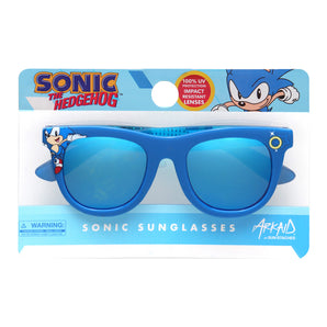 Arkaid Sunglasses, Sega Sonic Blue Wayfarer: blue sunglasses with blue lenses and Sonic details on a Sonic themed packaging card.