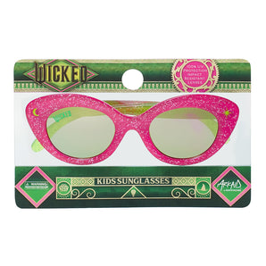 Arkaid Sunglasses, Wicked Pink and Green Cateye: pink glitter sunglasses with green lenses on a Wicked themed packaging card.