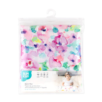 Bumkins Splat Mat: Watercolor is shown folded in plastic packaging bag with a hanger and cardboard insert.