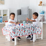 Two kids joyfully paint at a small table covered with the machine-washable Bumkins Splat Mat: Mickey Mouse in their cozy room.