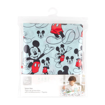 Bumkins Splat Mat: Mickey Mouse in packaging, waterproof with Mickey illustrations, plus a child using it at a table.