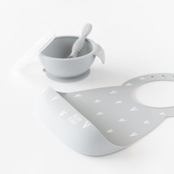 Bumkins Silicone Feeding 4-Piece Set: Gray rests on a white background.