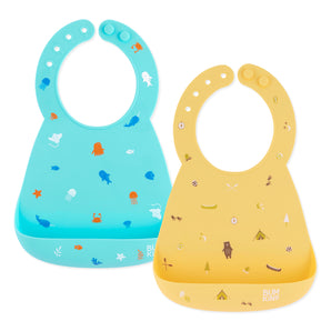 Bumkins Silicone Bib 2 Pack: Ocean Life and Camp Gear includes 2 silicone bibs in blue and yellow with adjustable necks and catch pockets.
