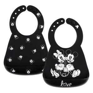 Bumkins Silicone Bib 2 Pack: Disney Mickey and Minnie Mouse includes 2 black & while silicone bibs with Mickey & Minnie designs.