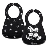 Bumkins Silicone Bib 2 Pack: Disney Mickey and Minnie Mouse includes 2 black & while silicone bibs with Mickey & Minnie designs.
