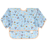 Bumkins Sleeved Bib: Mickey + Minnie Sunny Side Up features light blue waterproof fabric and colorful characters, ideal for baby-led weaning.