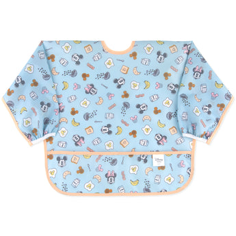 Bumkins Sleeved Bib: Mickey + Minnie Sunny Side Up features light blue waterproof fabric and colorful characters, ideal for baby-led weaning.