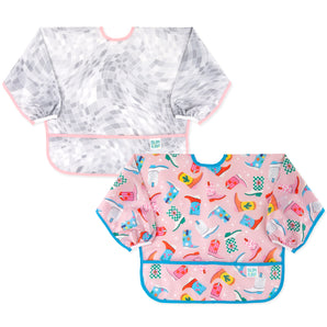 Bumkins Sleeved Bib 2 Pack: Disco Boots includes 2 waterproof bibs with front pockets—one pink with cowboy boots, one gray & white mosaic.