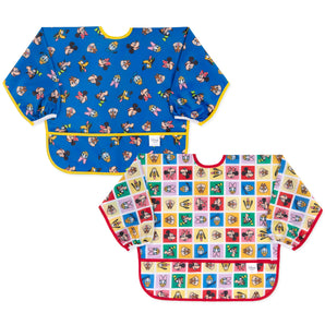 Bumkins Sleeved Bib 2 Pack: Mickey & Friends Excellent Eight includes two colorful, waterproof bibs with Disney character face designs.