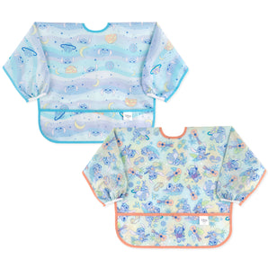 Bumkins Sleeved Bib 2 Pack: Stitch Star-ring Up Trouble—2 pastel waterproof bibs with Stitch designs, front pockets and adjustable closures.