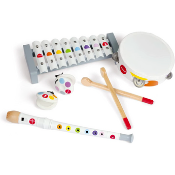 Janod Juratoys Confetti Musical Set: Xylophone, tambourine, maracas, wood sticks, recorder on a white background. Ideal for role-play!.