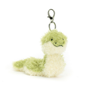 A green and white Jellycat Bag Charm Little Snake keychain with a smiling face and metal clip.