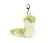 A green and white Jellycat Bag Charm Little Snake keychain with a smiling face and metal clip.