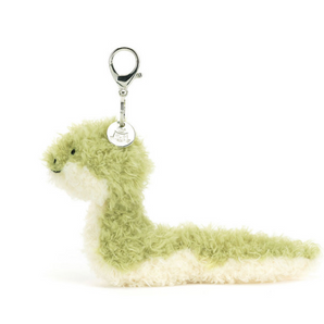 The Jellycat Bag Charm Little Snake is a whimsical reptile accessory with a metal clip for easy attachment.