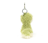 Green and white fuzzy teddy bear keychain against white, a perfect companion for your Jellycat Bag Charm Little Snake.