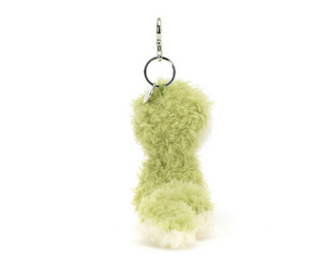 Green and white fuzzy teddy bear keychain against white, a perfect companion for your Jellycat Bag Charm Little Snake.