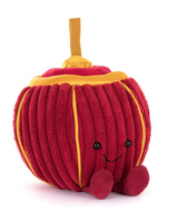 Jellycat Amuseables Rayray Lantern: A red and orange plush apple with a smiling face and gold satin accents. Safe from birth.