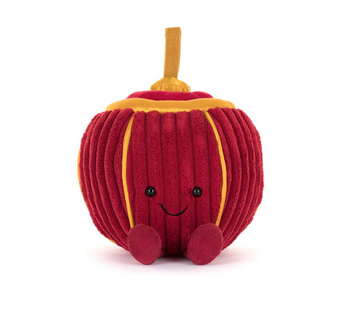 Jellycats Rayray Lantern: Plush red apple toy with a smiley face, gold satin accents, ribbed texture, and a brown stem.