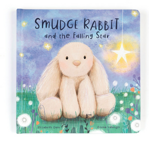 Jellycats Smudge Rabbit and the Falling Star hardback features a fluffy rabbit on grass with a glowing star—ideal for bedtime stories.