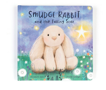 Jellycats Smudge Rabbit and the Falling Star hardback features a fluffy rabbit on grass with a glowing star—ideal for bedtime stories.