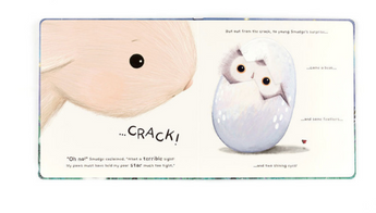 Smudge Rabbit and the Falling Star by Jellycat shows a fluffy creature emerging from a cracked egg in this charming bedtime tale.