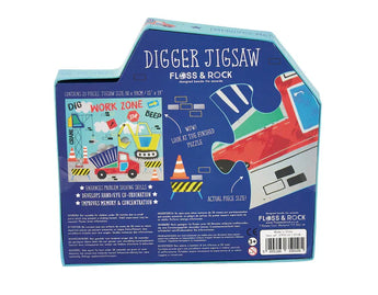 Back of the Floss and Rocks 20 Piece Puzzle box, house-shaped with construction graphics; a fun keepsake that aids hand/eye coordination.